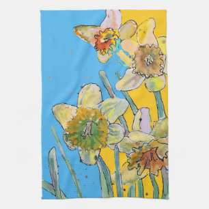 Daffodil Flower Floral Spring Watercolour Blue Tea Towel