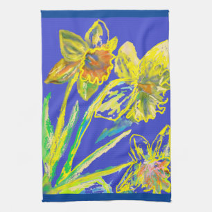 Daffodil Flower Floral Spring Watercolour Blue Tea Towel