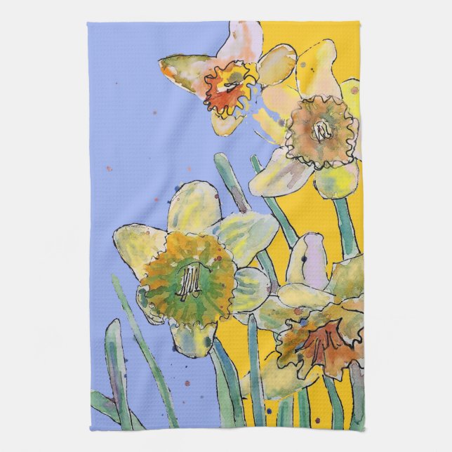 Daffodil Flower Floral Spring Watercolour Lavender Tea Towel (Vertical)