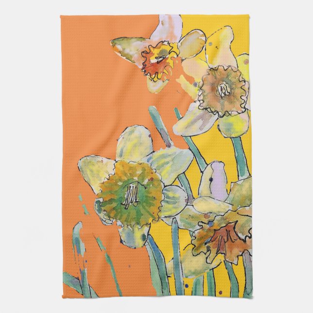 Daffodil Flower Floral Spring Watercolour Orange Tea Towel (Vertical)