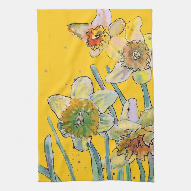 Daffodil Flower Floral Spring Watercolour Yellow Tea Towel (Vertical)