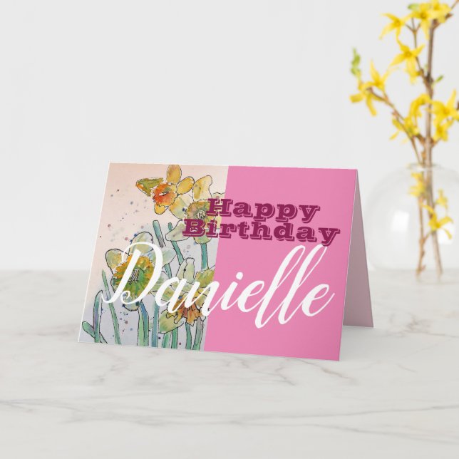 Daffodil Flower Happy Birthday Womans Name Card (Yellow Flower)