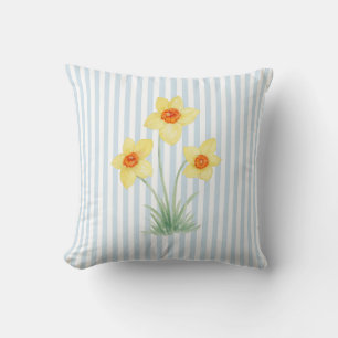 Daffodil Flower Painting Blue Stripe Cushion