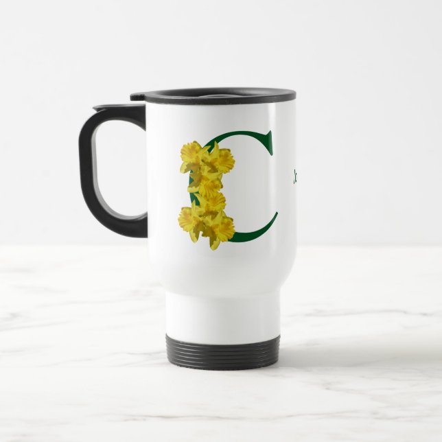 Daffodil Monogram Initial C Personalised Travel Mug (Left)