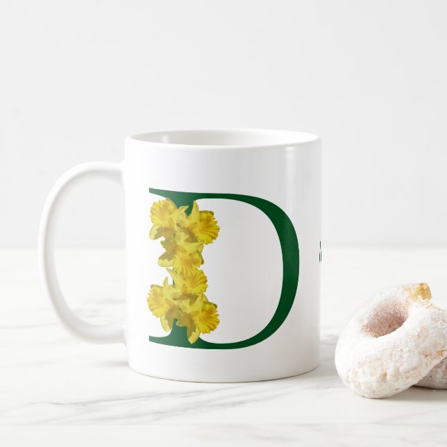 Daffodil Monogram Initial D Personalised Coffee Mug (With Donut)