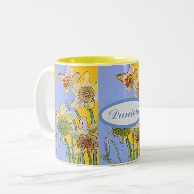 Daffodil Painting Hand Painted Yellow floral  Two- Two-Tone Coffee Mug (Front Left)