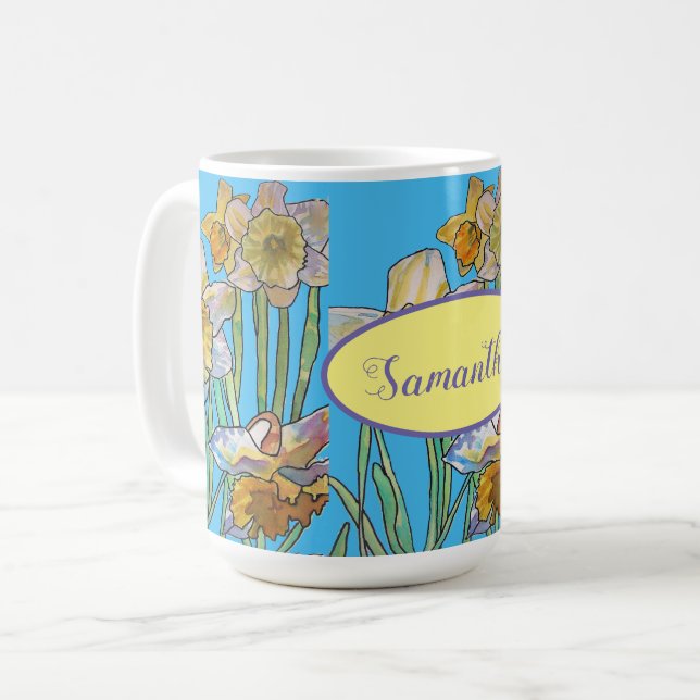 Daffodil Painting Watercolor Teal Blue floral  Coffee Mug (Front Left)