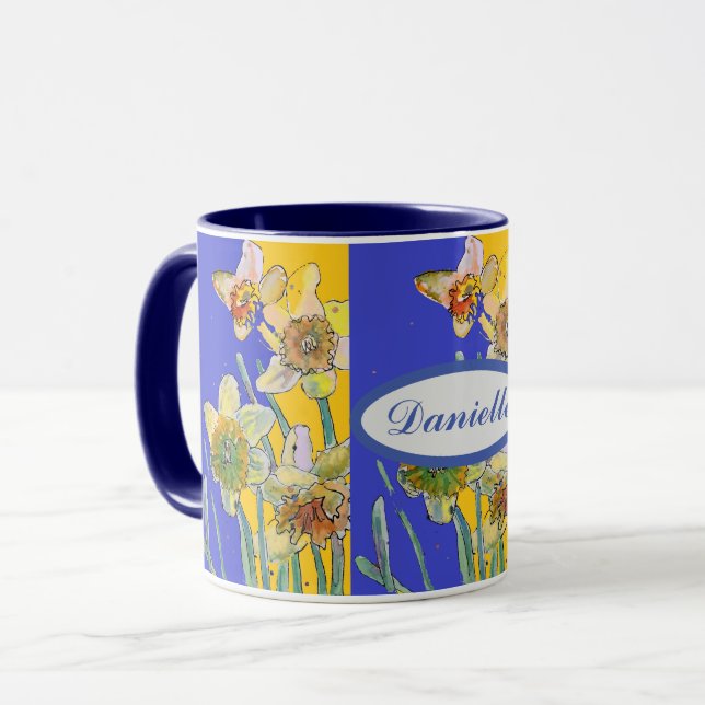 Daffodil Painting Watercolor Yellow Blue floral Mug (Front Left)