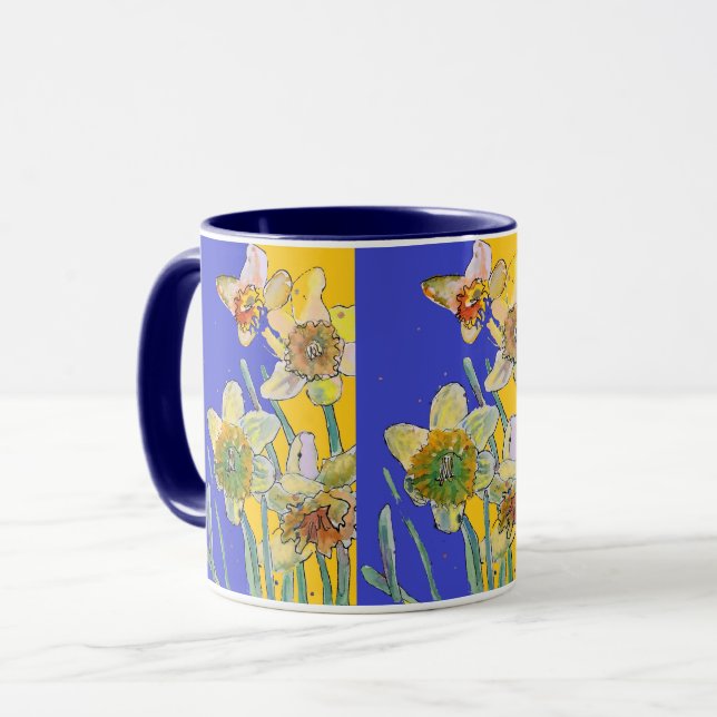 Daffodil Painting Watercolor Yellow Blue floral Mug (Front Left)