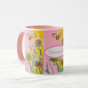Daffodil Painting Watercolor Yellow Pink floral Mug