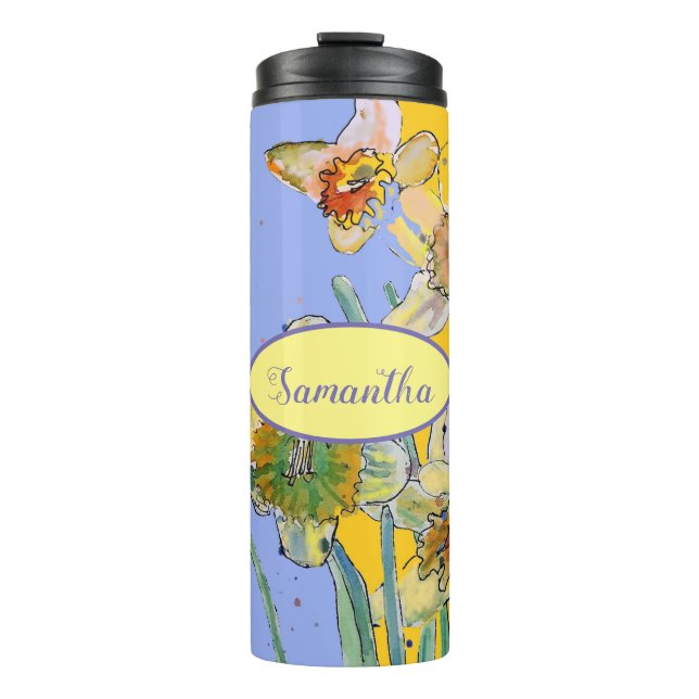 Daffodil Painting Watercolor Yellow Purple floral Thermal Tumbler (Front)