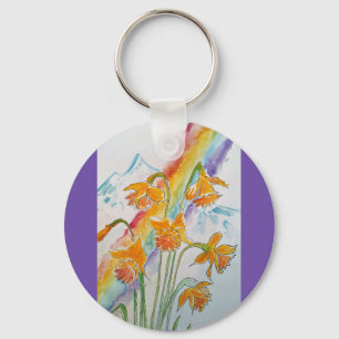 Daffodil Rainbow Flower Flowers Watercolor Key Ring