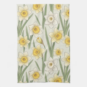 Daffodil Spring Floral in Soft Yellow and Green 3 Tea Towel