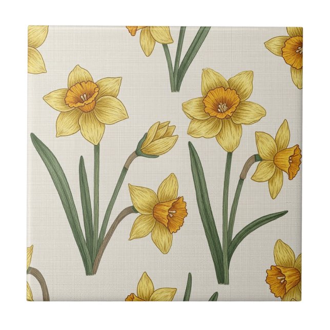 Daffodil Spring Floral in Soft Yellow and Green 5 Tile (Front)