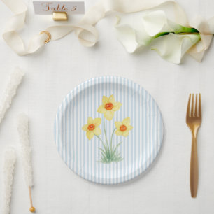 Daffodil Spring Flower Custom Wedding Blue Stripe Paper Plate