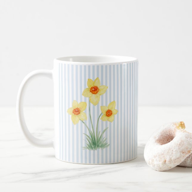 Daffodil Spring Flower Painting Blue Stripe Coffee Mug (With Donut)