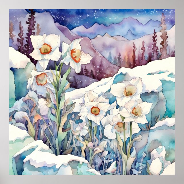 Daffodil Under Snow Wall Art, Floral Square  Poster (Front)