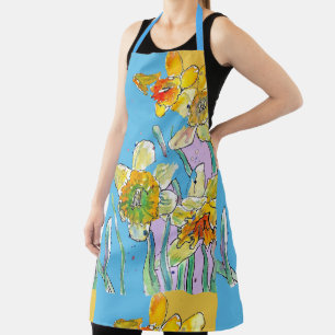 Daffodil Watercolor Flower Blue floral Apron