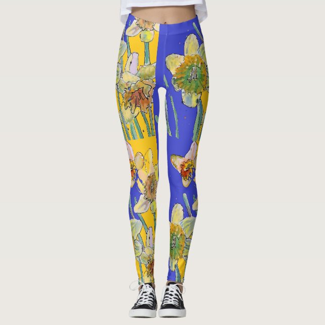 Daffodil Watercolor Flower Blue Floral Leggings (Front)