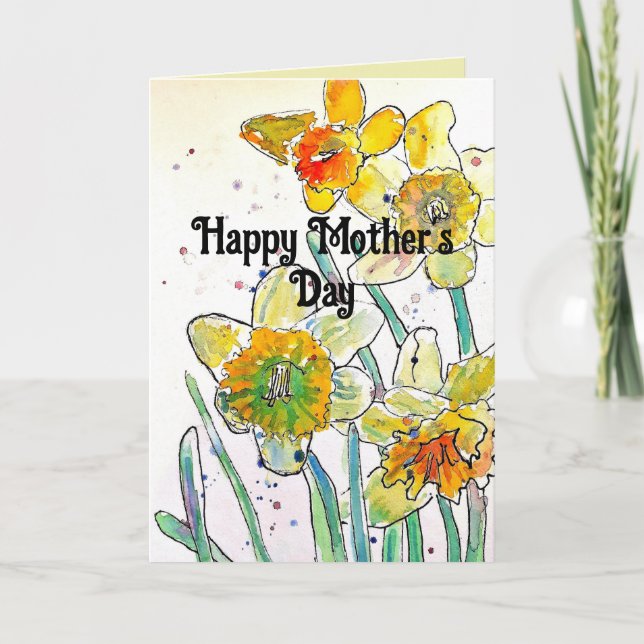 Daffodil Watercolor Flower Floral Mothers Day Card (Front)