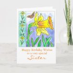 Daffodil Watercolor Flower Happy Birthday Sister Card<br><div class="desc">A pretty floral happy birthday card featuring a big bright yellow daffodil and butterfly drawn with black pen and ink with watercolor and a soft blue green background. Nice for your sister or you can customise the text to fit your needs. This design is from my colouring book called "Lila's...</div>