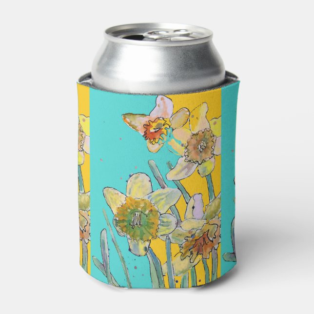 Daffodil Watercolor Flower Turquoise floral Can Cooler (Can Front)