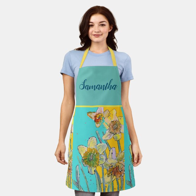 Daffodil Watercolor Flower Yellow Green Spring  Apron (Worn)