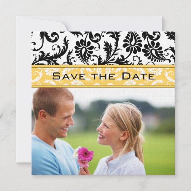 Daffodil Yellow & Black Damask Save the Date Invitation (Front)