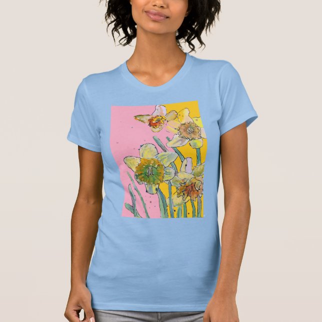 Daffodil Yellow Blue Flower Flowers Watercolor T-Shirt (Front)