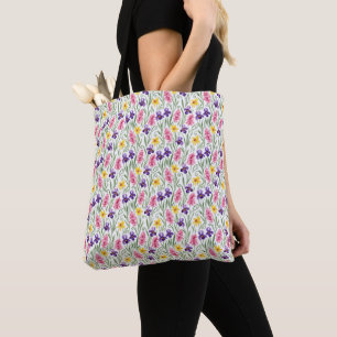 Daffodil Yellow, Iris Purple, Hyacinth Pink Floral Tote Bag