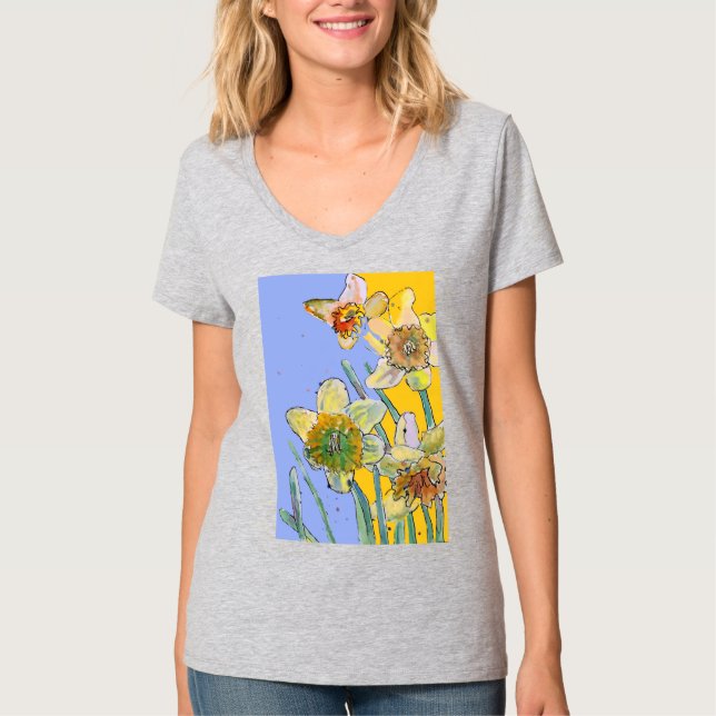 Daffodil Yellow purple Flower Flowers Watercolor  T-Shirt (Front)