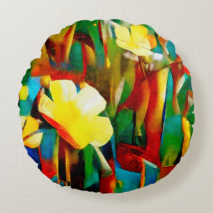 Daffodils. Abstract floral composition in a cubist Round Cushion