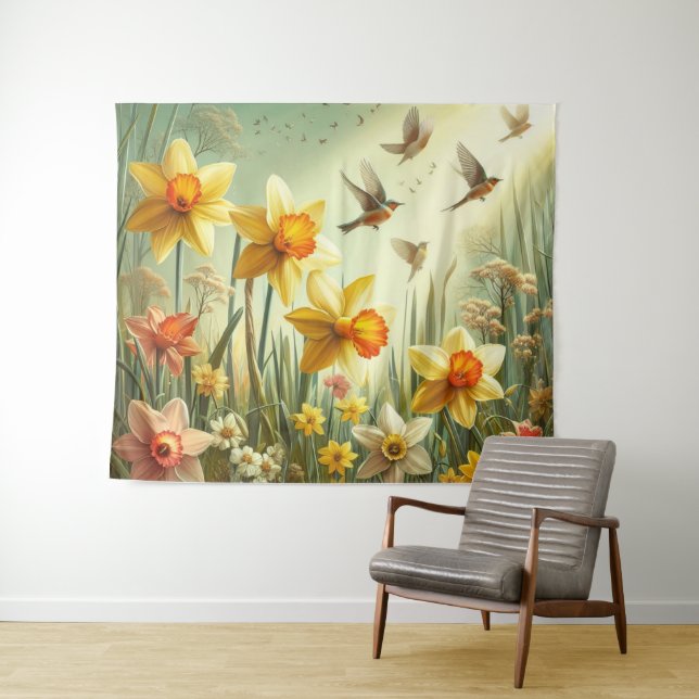 Daffodils and Birds Tapestry (In Situ (Horizontal))
