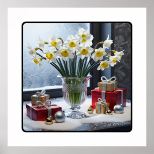 Daffodils and Gifts on a Snowy Windowsill Poster