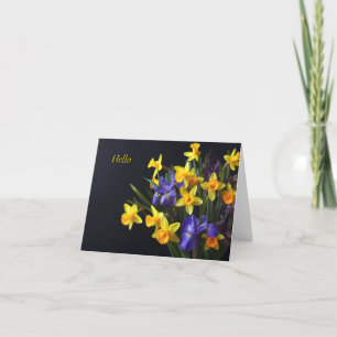 Daffodils and iris on a dark background note card