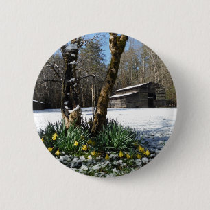 Daffodils flowers in the snow 6 cm round badge