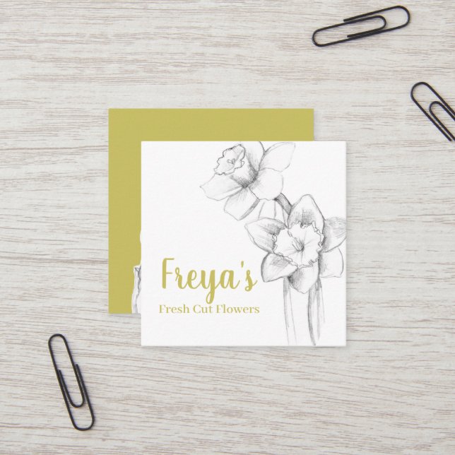 Daffodils Fresh Cut Flowers Botanical Citron Square Business Card (Front/Back In Situ)