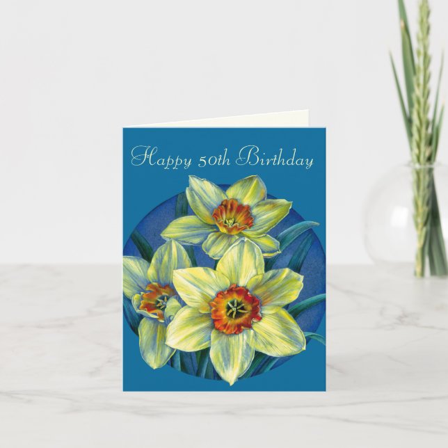 Daffodils Happy 50th Birthday yellow and blue card (Front)