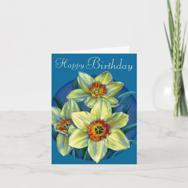 Daffodils Happy Birthday yellow and blue card (Front)