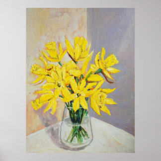 daffodils in glass vase watercolor poster