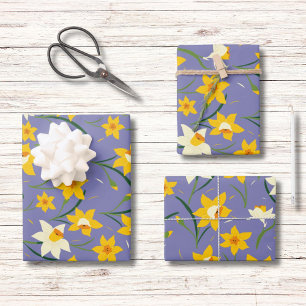 Daffodils on Blue Purple Wrapping Paper Sheet