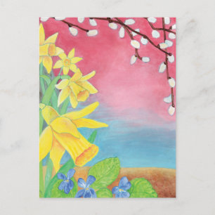 Daffodils, Salix caprea and Sweet violet Holiday Postcard