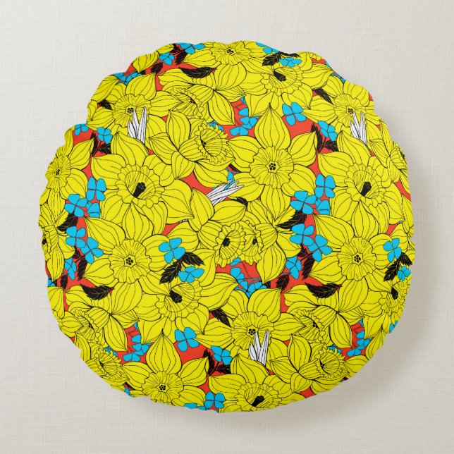 Daffodils spring floral pattern round cushion (Front)