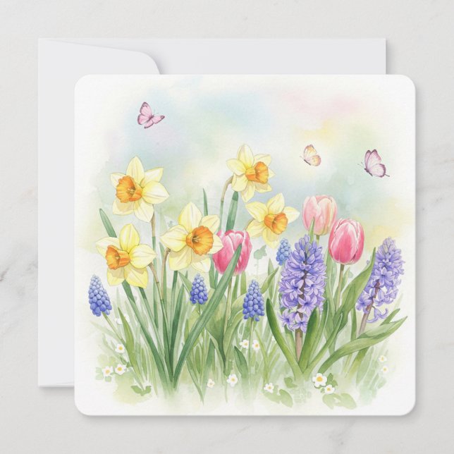 Daffodils, Tulips, Hyacinths, Butterflies Card (Front)