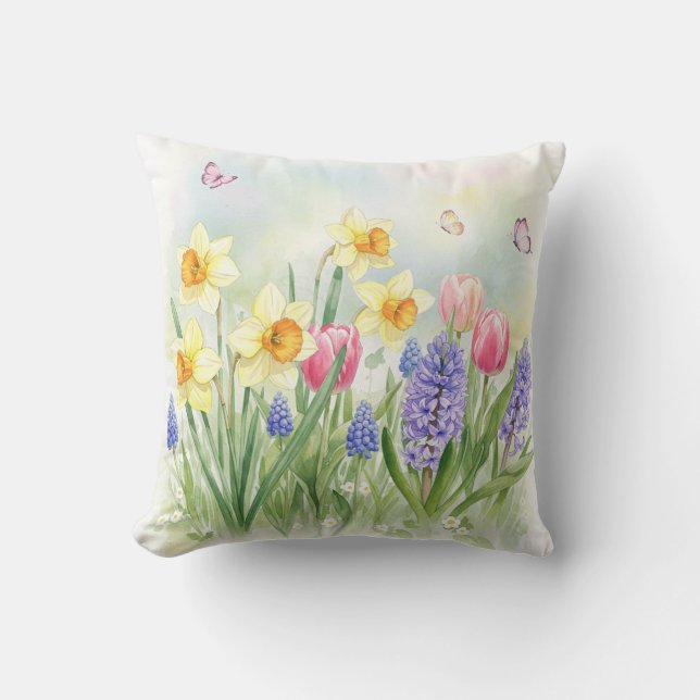Daffodils, Tulips, Hyacinths, Butterflies Pillow (Front)