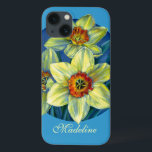 Daffodils yellow blue named  iPhone 13 case<br><div class="desc">This daffodils case was created from an original painting ‘Daffodils – the joys of spring’ by Sarah Trett. This floral case is perfect to add a touch of spring all year to your ipad. Personalise with your name. This example reads: Madeline. Original design and painting in gouache and watercolour by...</div>