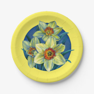 Daffodils Yellow white blue spring easter event Paper Plate