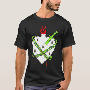 Dagger Planted In White Heart With A Red Flame And T-Shirt