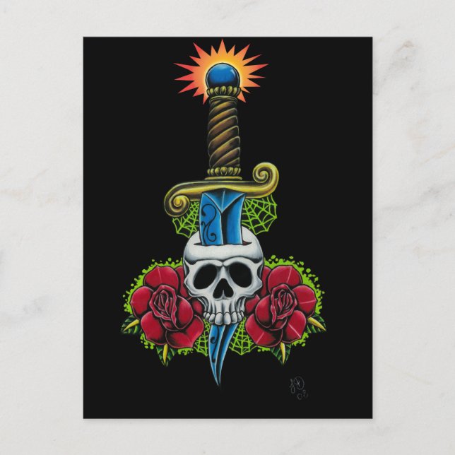 Dagger, Skull, and Roses Postcard (Front)