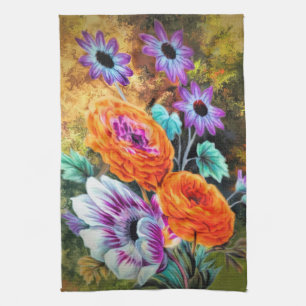 Dahlia and daisy flower garden floral tea towel